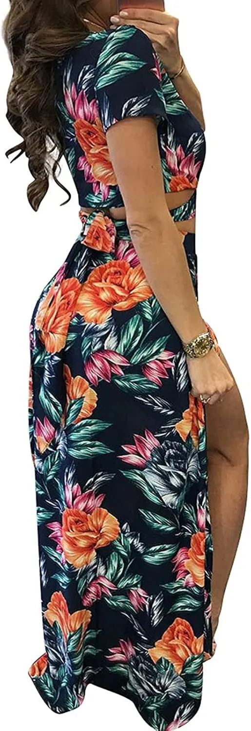 Aro Lora Women's Sexy V Neck Floral Printed Side Slit Two-Piece Maxi Dress