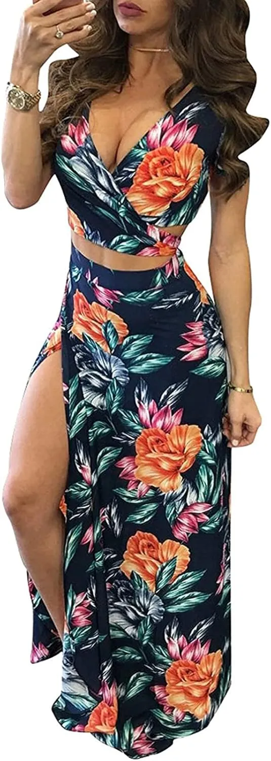 Aro Lora Women's Sexy V Neck Floral Printed Side Slit Two-Piece Maxi Dress