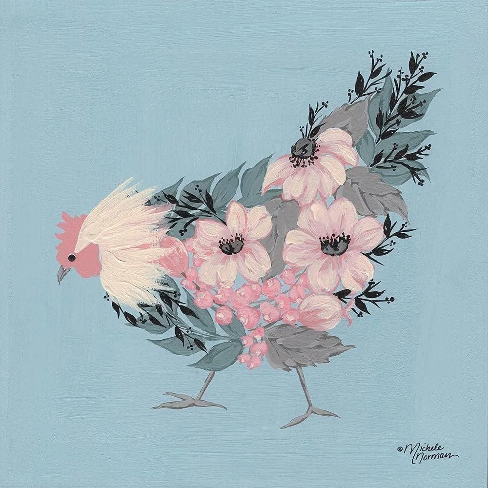 ArtDirect Blue Floral Hen 11x11 UnFramed Art Print Poster Ready for Framing by Norman, Michele