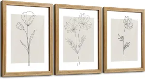 Artistry Canvas Art Framed Line Floral Wall Art Set of 3 Natural Wood Frames Plant Abstract Posters for Wall Decor Minimalist Vintage Boho Botanical Prints for Office Bedroom 12" x 16"