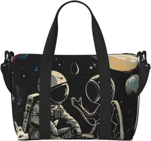 Astronaut And Alien Printed Travel Duffel Bag for Men Women Shoulder Weekender Overnight Bags for for Beach Swim Sports Gym
