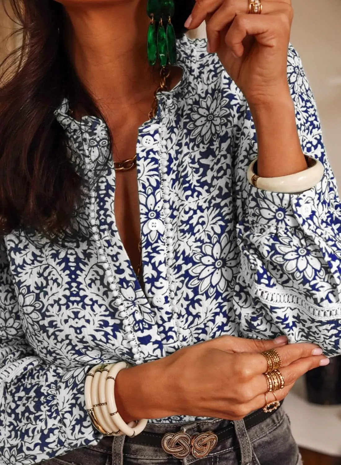 Astylish Womens Floral Printed Mock Neck Shirt Button Down Eyelet Blouse Tops