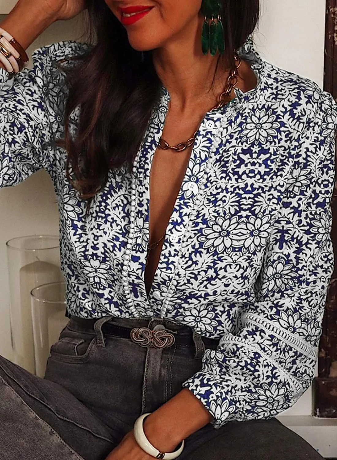 Astylish Womens Floral Printed Mock Neck Shirt Button Down Eyelet Blouse Tops