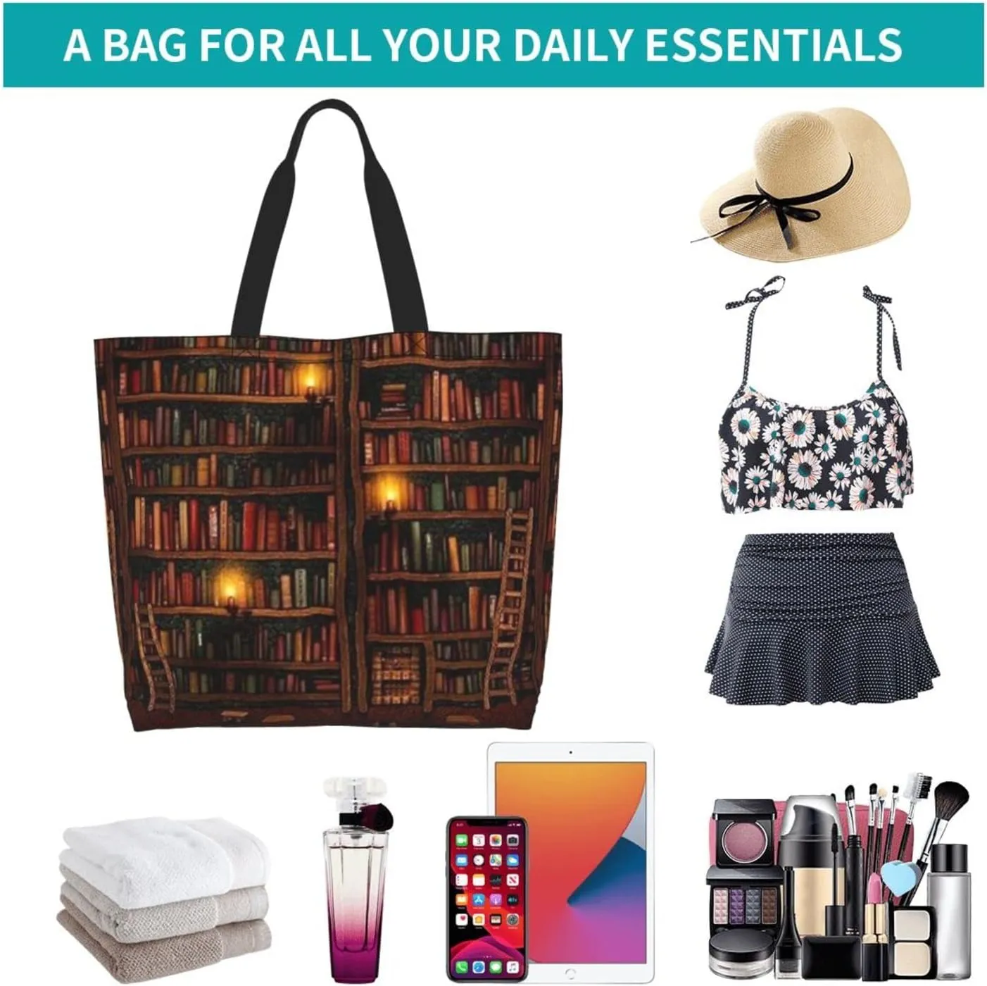 ASYG Books Tote Shoulder Bag Library Grocery Bags Storage Handle Shopping Bag Portable Cute Bag