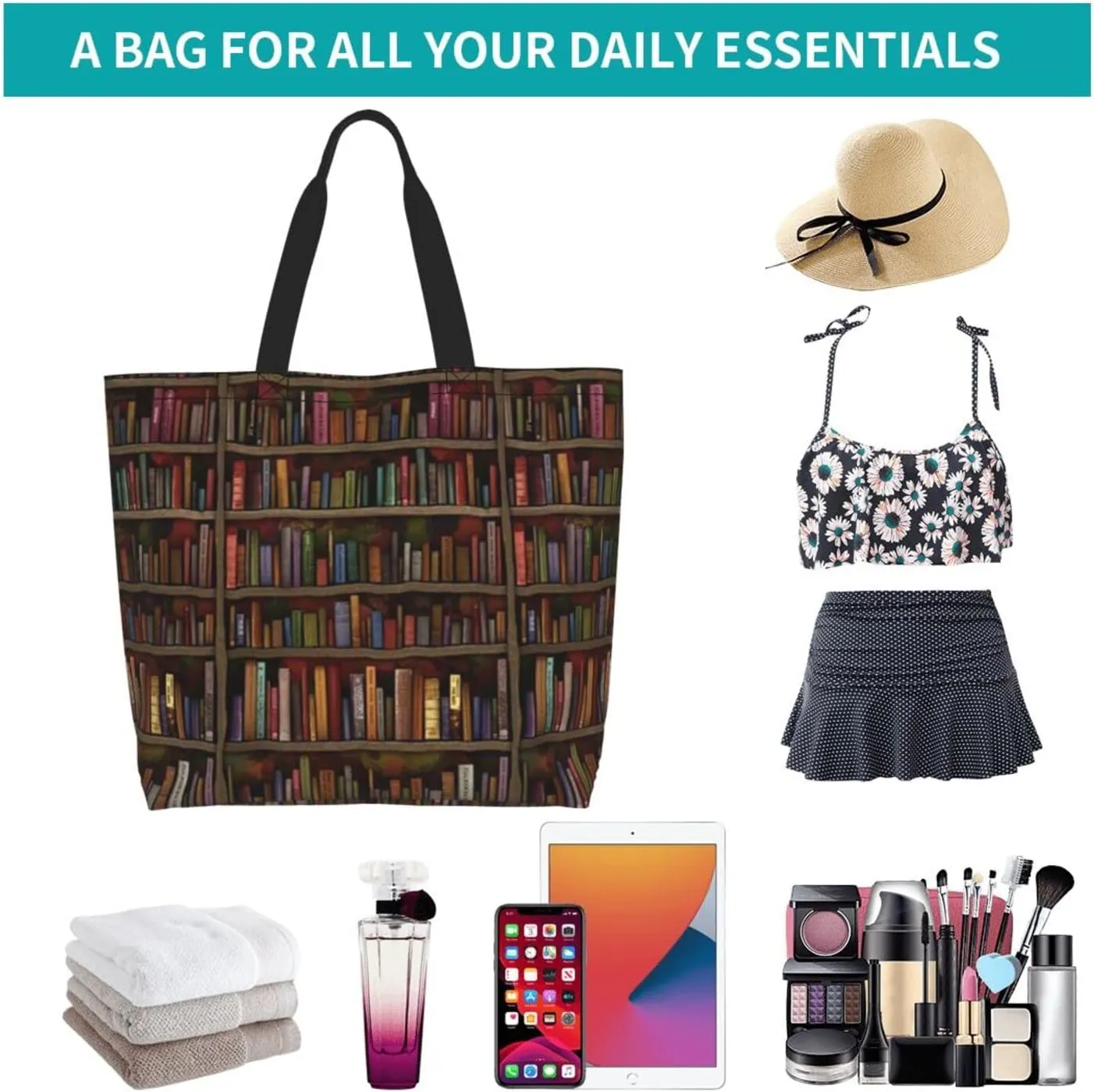 ASYG Books Tote Shoulder Bag Library Grocery Bags Storage Handle Shopping Bag Portable Cute Bag
