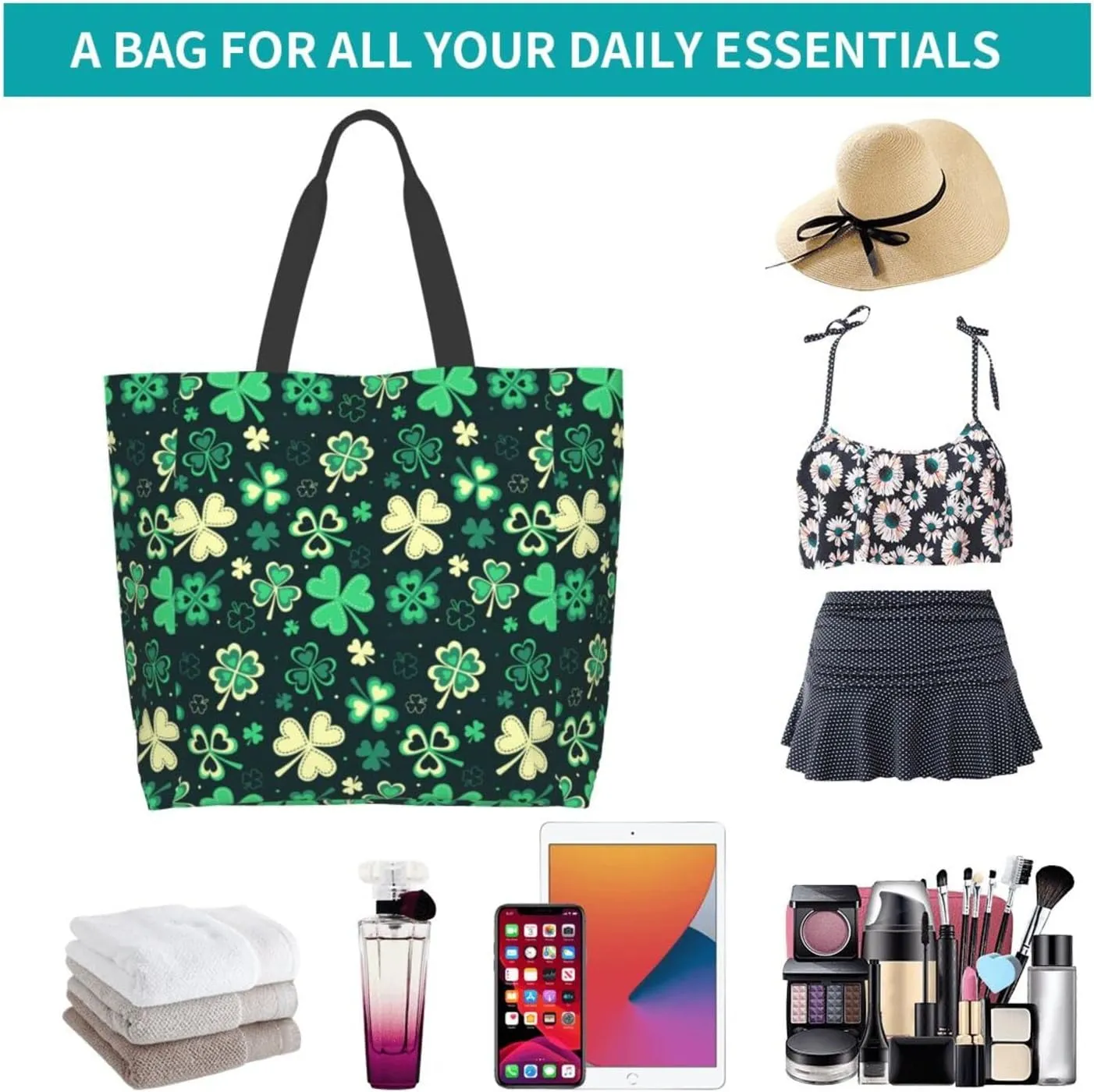 ASYG St Patrick Tote Shoulder Bag Green Clover Grocery Bags Storage Handle Shopping Bag Portable Bag