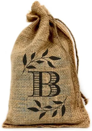 B Monogram, 6" X 10" Burlap Party Favor Bag with Drawstring - Set of 10