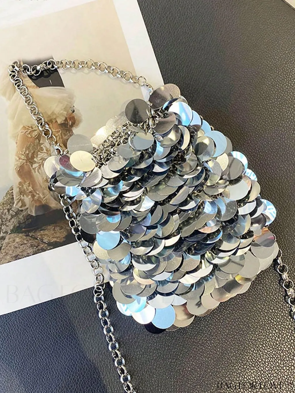 BagForLove - Sequin Decor Evening Clutch with Chain Strap - Clear Mini Bag