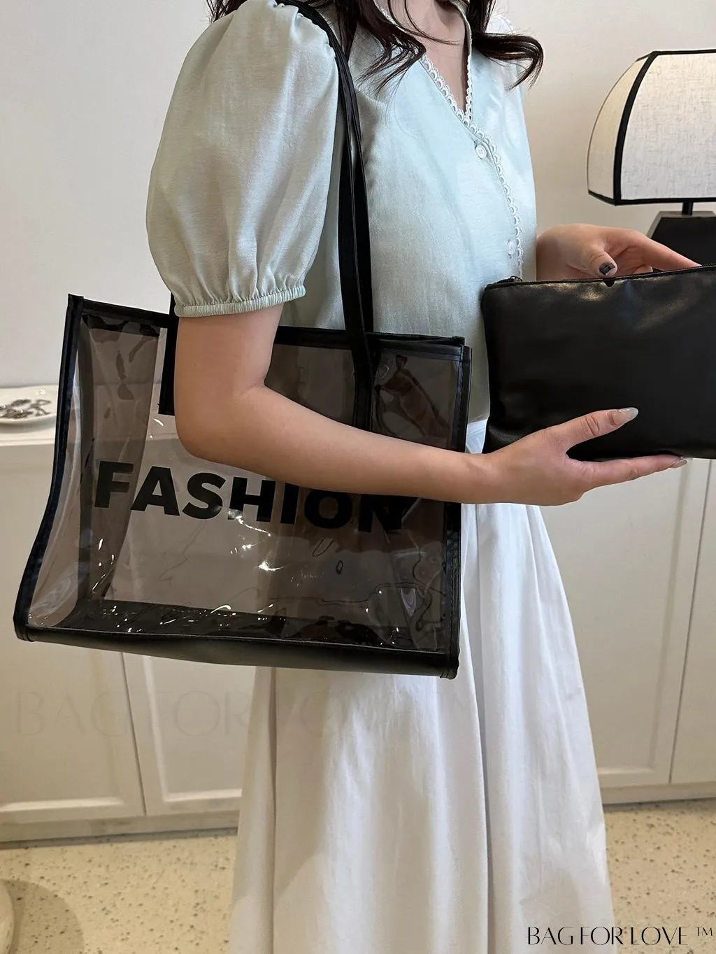 BagForLove - Set of 2 Stylish Color Block Beach Tote Bags for Women, Clear and Fashionable