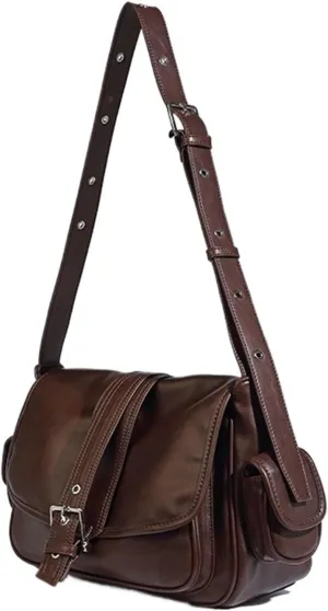 Bags for Women Solid Color Bag Women's Armpit Bag Flap Motorcycle Shoulder Crossbody Bag(Brown)