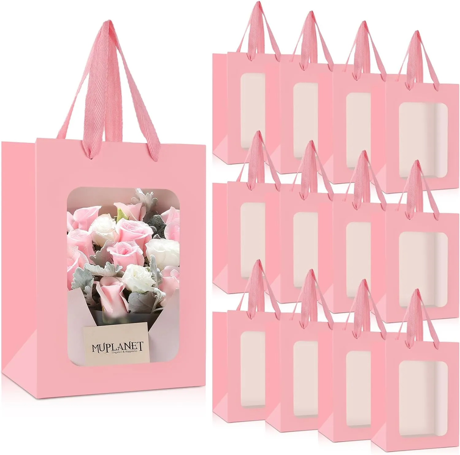 Bakbania 12 Pack Gift Bags with Window Kraft Paper Bags Shopping Bags 9.8 x 7.1 x 5.1 Inch Tote Paper Bags with Handles for Valentine's Day,Wedding