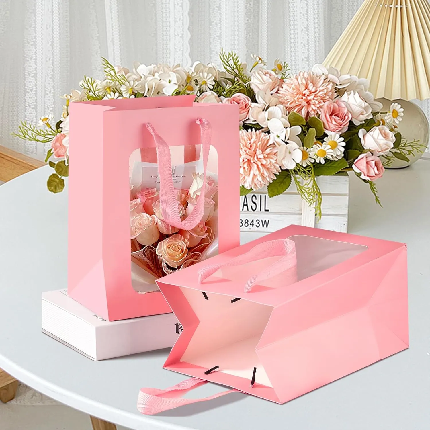 Bakbania 12 Pack Gift Bags with Window Kraft Paper Bags Shopping Bags 9.8 x 7.1 x 5.1 Inch Tote Paper Bags with Handles for Valentine's Day,Wedding
