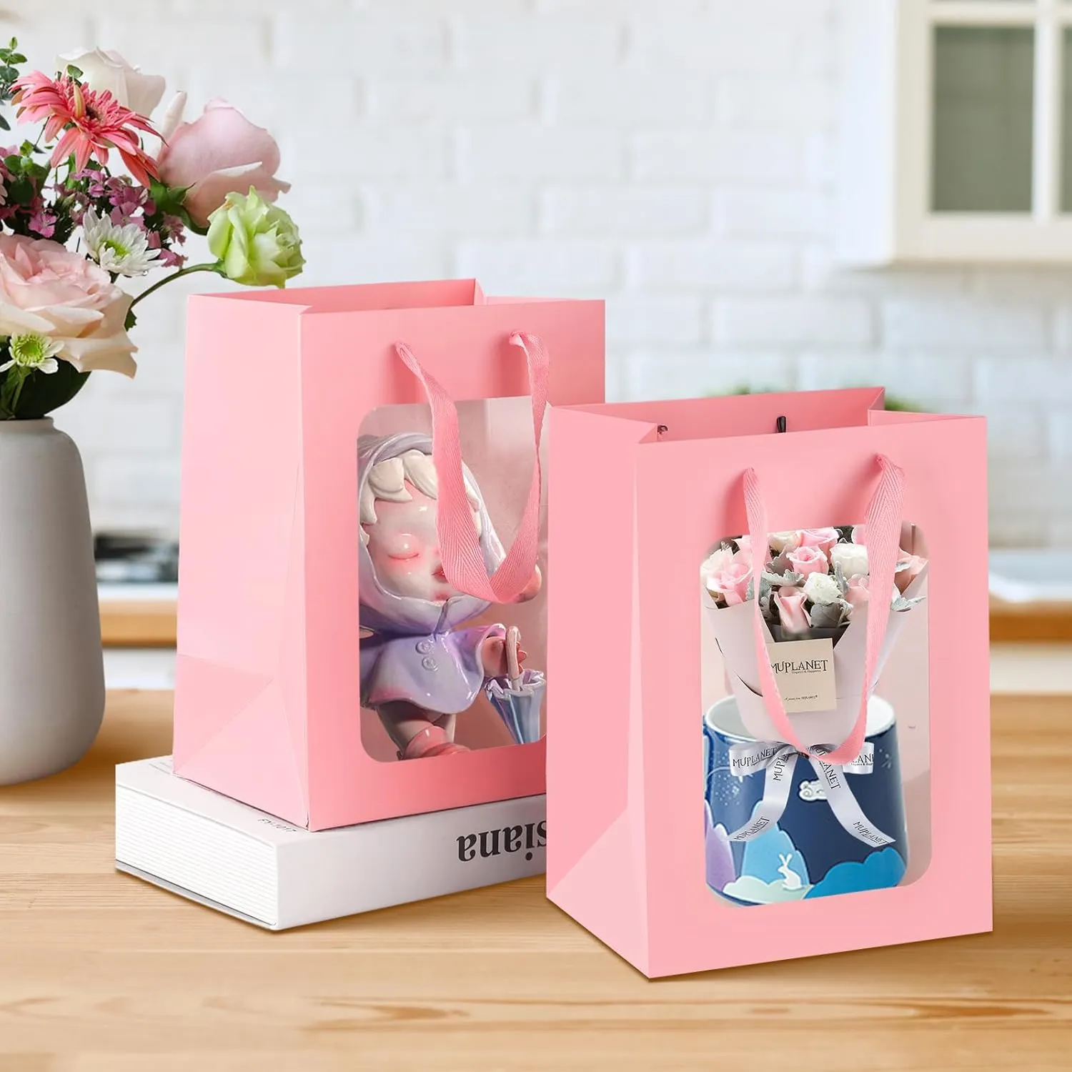 Bakbania 12 Pack Gift Bags with Window Kraft Paper Bags Shopping Bags 9.8 x 7.1 x 5.1 Inch Tote Paper Bags with Handles for Valentine's Day,Wedding