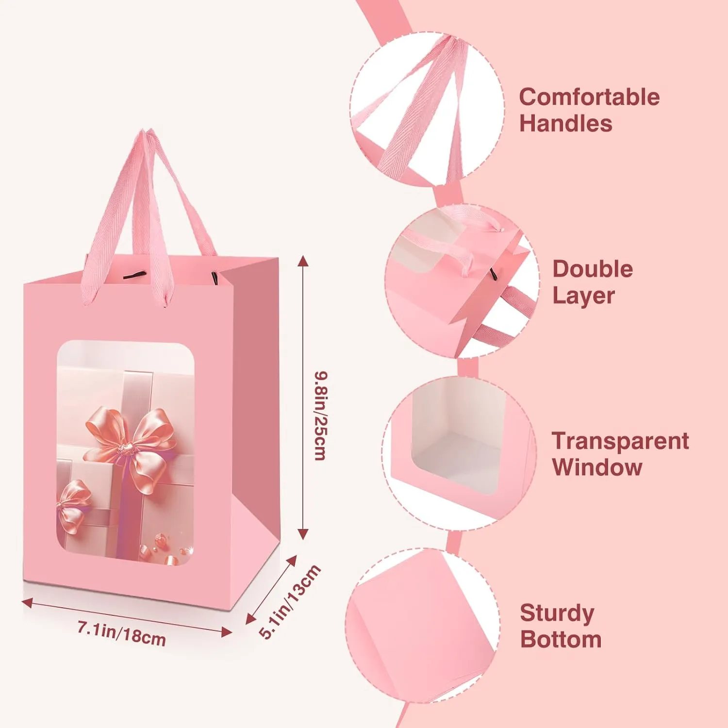 Bakbania 12 Pack Gift Bags with Window Kraft Paper Bags Shopping Bags 9.8 x 7.1 x 5.1 Inch Tote Paper Bags with Handles for Valentine's Day,Wedding