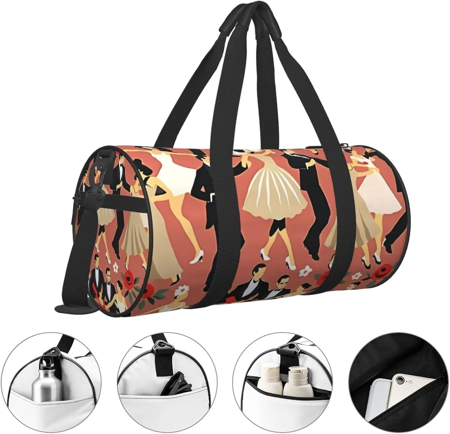 Ballroom Dance Printed Travel Bag,Round Personal Item Storage bag,Foldie Duffel Bag for Traveling Vacation,Fitness,Sports