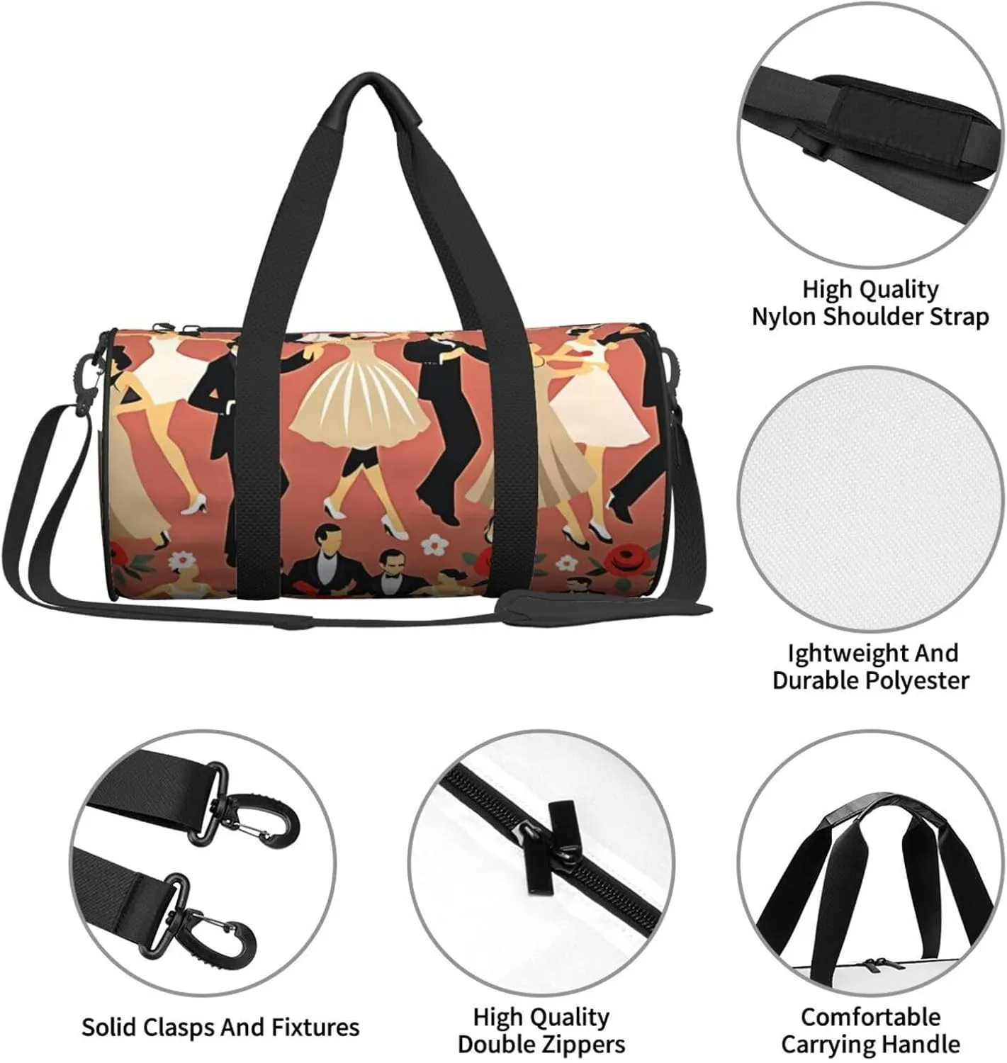 Ballroom Dance Printed Travel Bag,Round Personal Item Storage bag,Foldie Duffel Bag for Traveling Vacation,Fitness,Sports