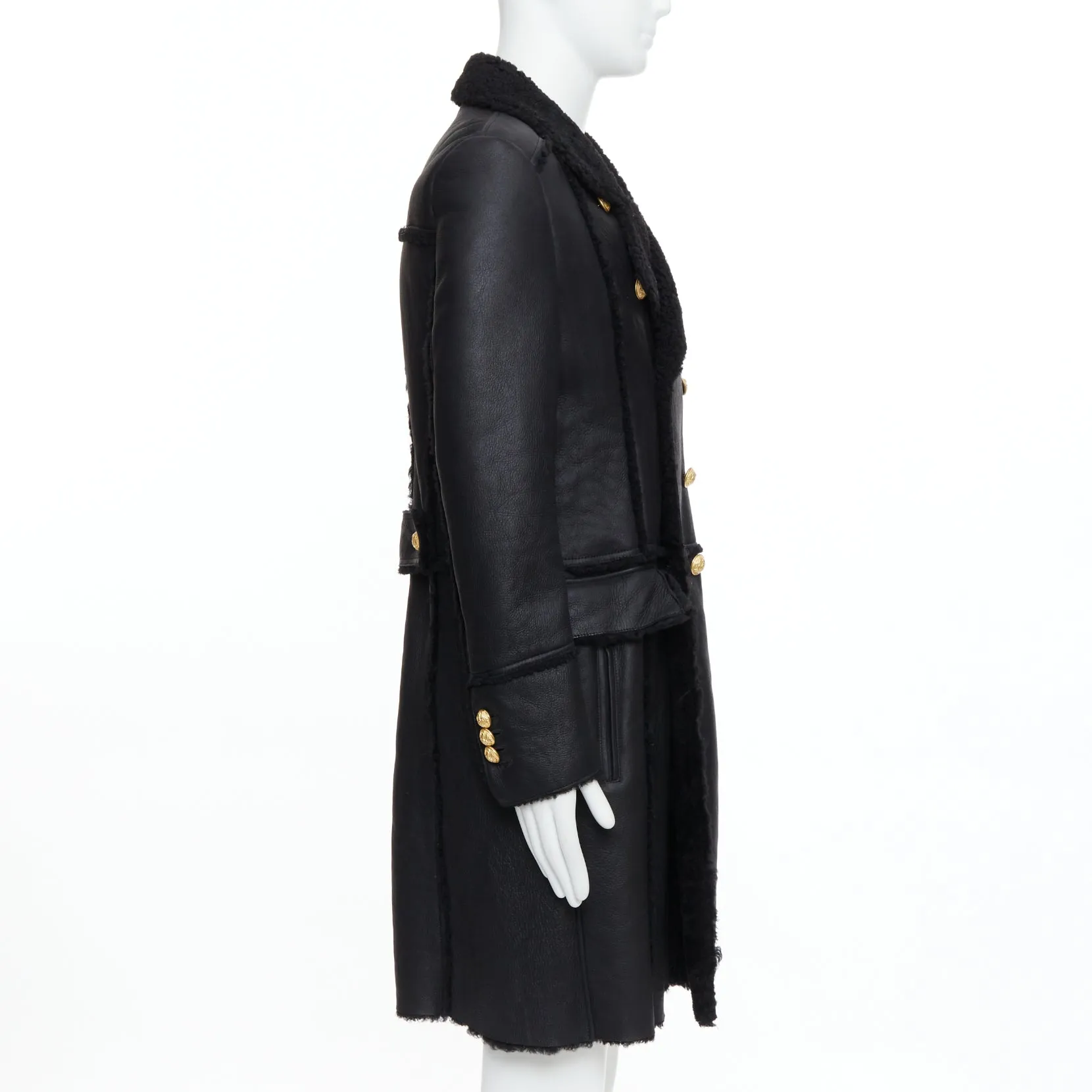 BALMAIN black shearling lined leather gold double breasted coat FR48 M