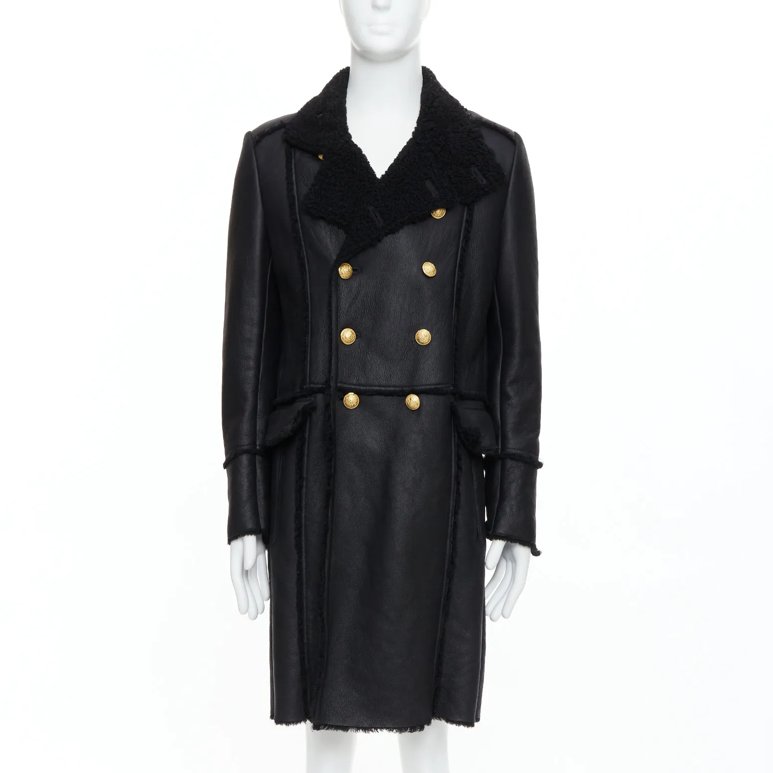 BALMAIN black shearling lined leather gold double breasted coat FR48 M