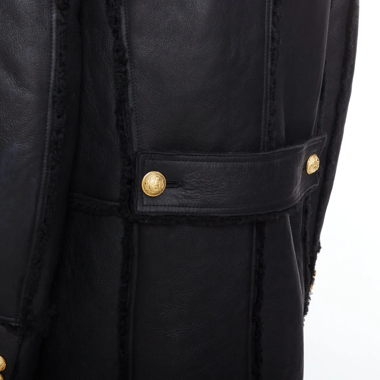 BALMAIN black shearling lined leather gold double breasted coat FR48 M