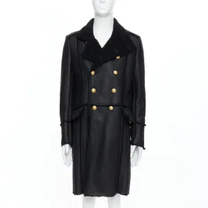BALMAIN black shearling lined leather gold double breasted coat FR48 M
