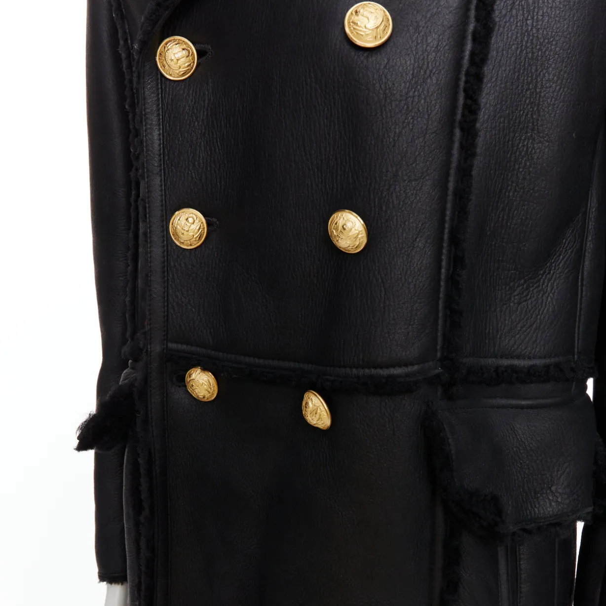 BALMAIN black shearling lined leather gold double breasted coat FR48 M