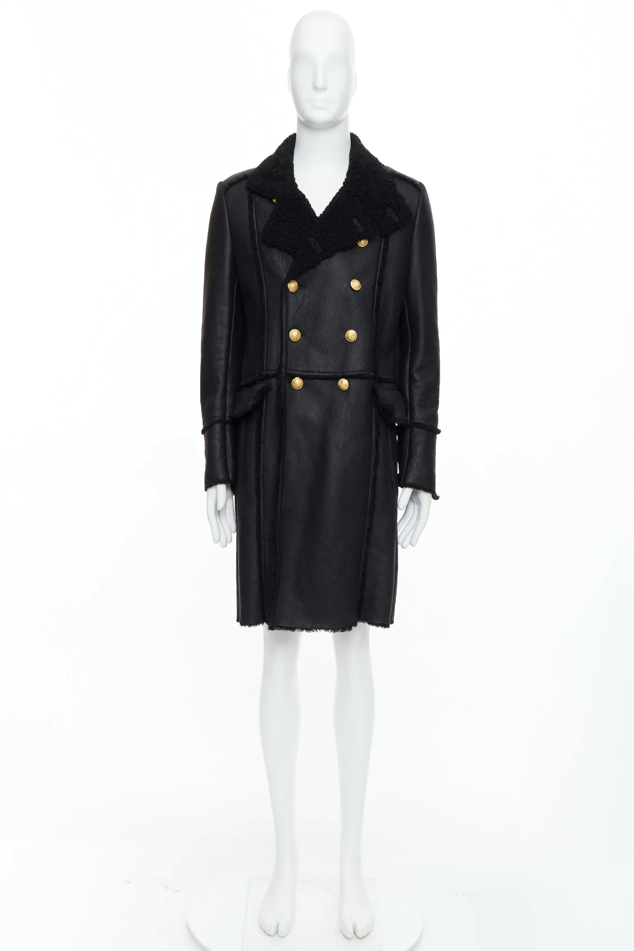 BALMAIN black shearling lined leather gold double breasted coat FR48 M