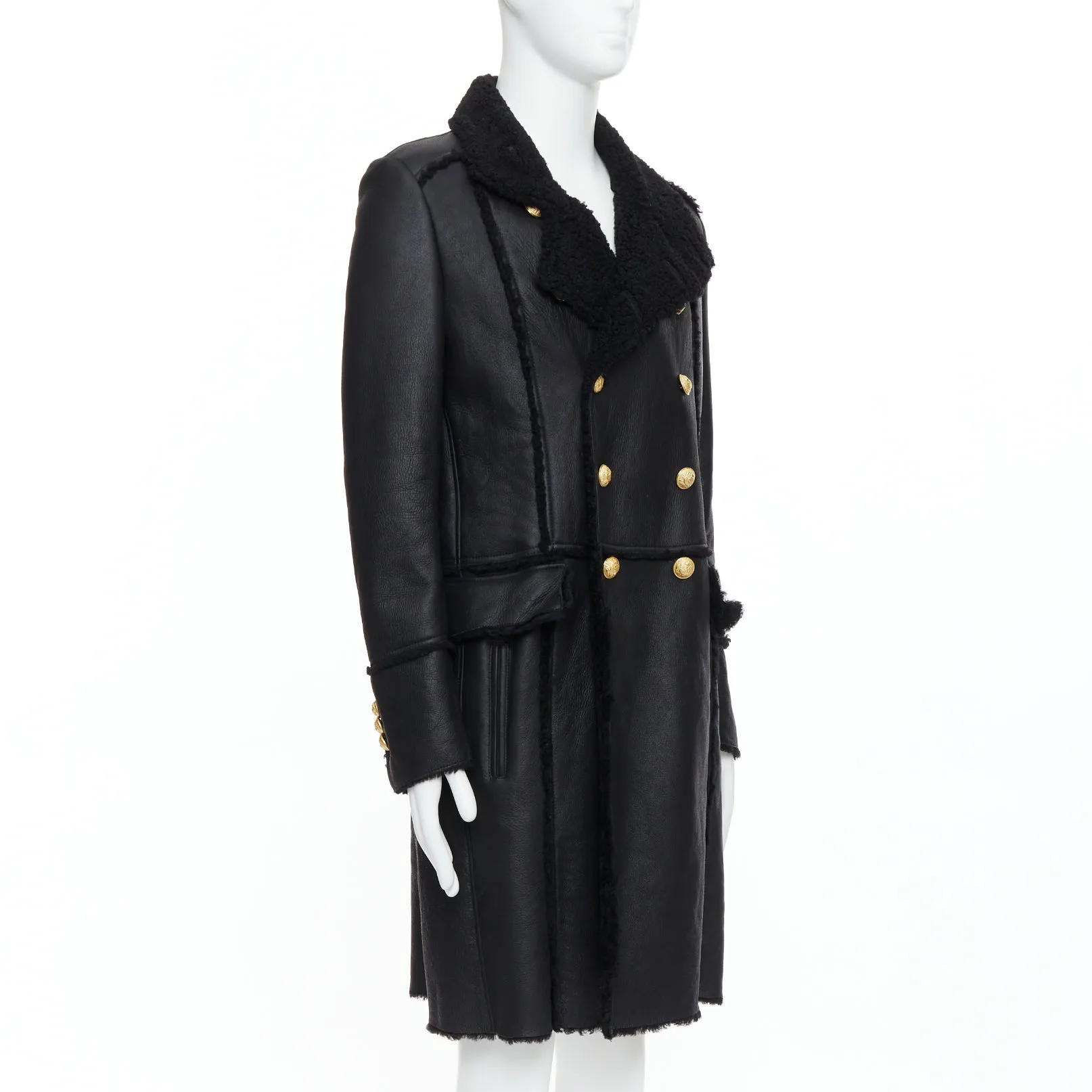 BALMAIN black shearling lined leather gold double breasted coat FR48 M