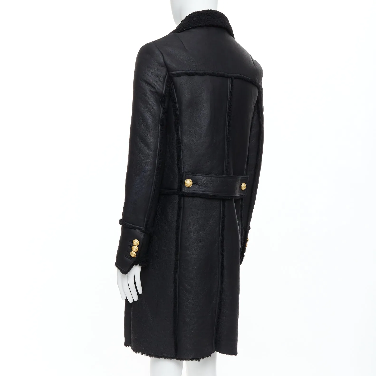 BALMAIN black shearling lined leather gold double breasted coat FR48 M
