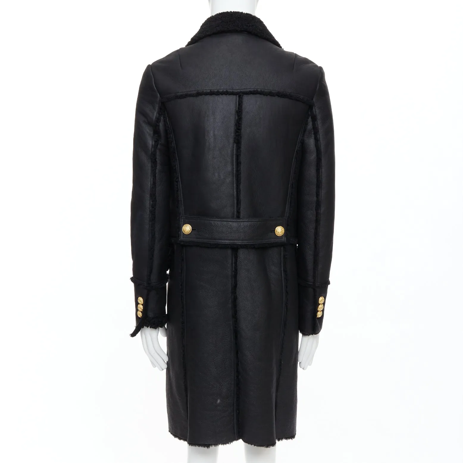 BALMAIN black shearling lined leather gold double breasted coat FR48 M