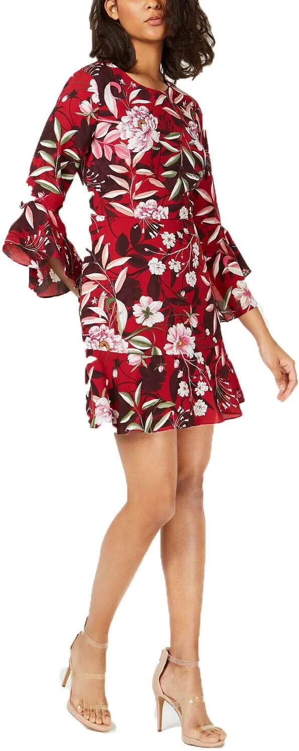 Bar III Women's Red Garden Floral Printed Bell-Sleeve Dress Size 6
