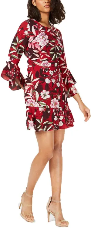 Bar III Women's Red Garden Floral Printed Bell-Sleeve Dress Size 6