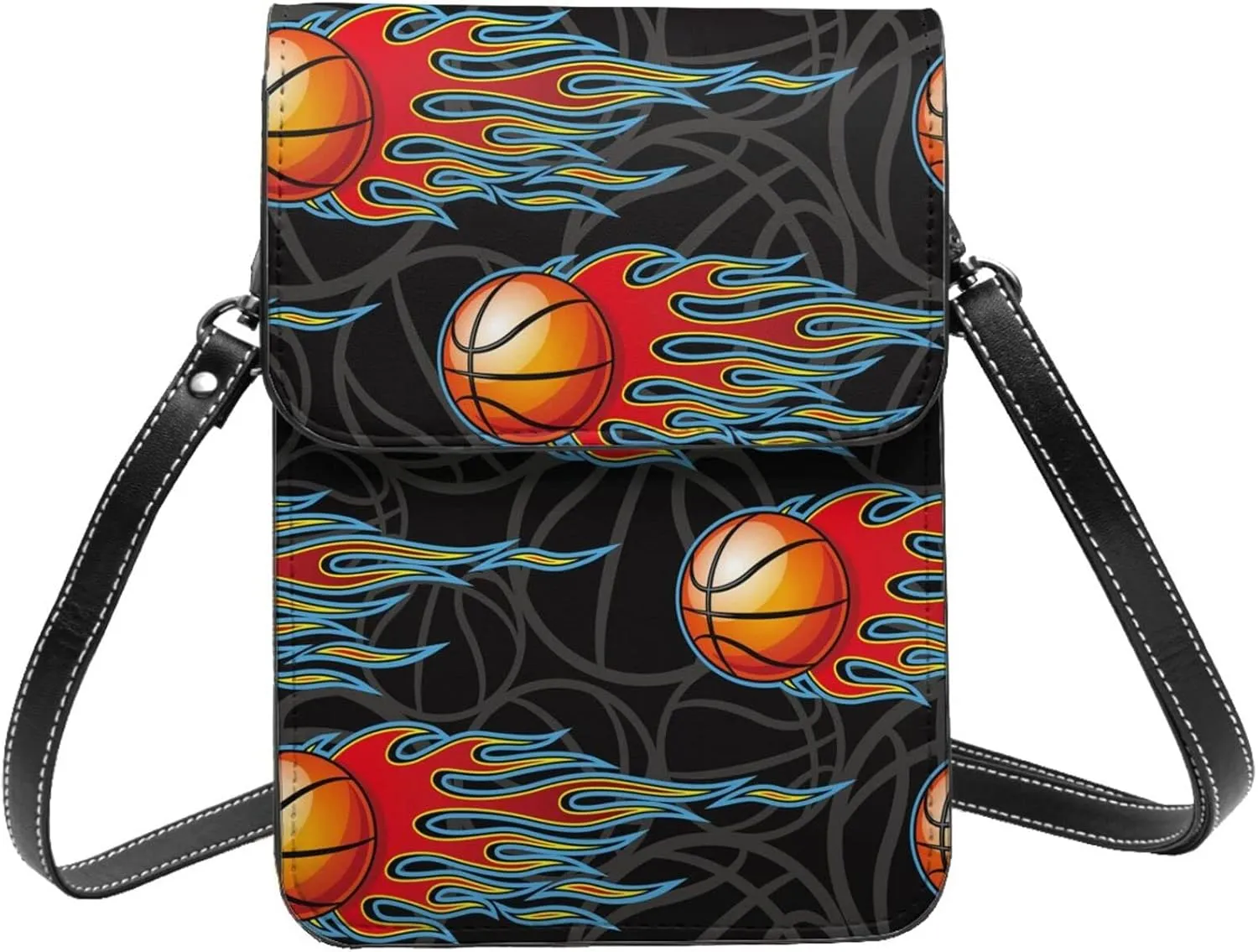 basketball ball and flame fire black Crossbody Cell Phone Purse for Women Girls Leather Mini Cross Body Bags Small Shoulder Bags