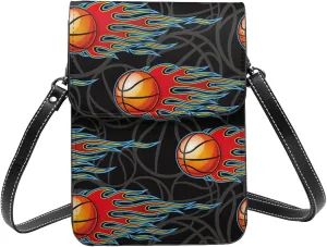 basketball ball and flame fire black Crossbody Cell Phone Purse for Women Girls Leather Mini Cross Body Bags Small Shoulder Bags
