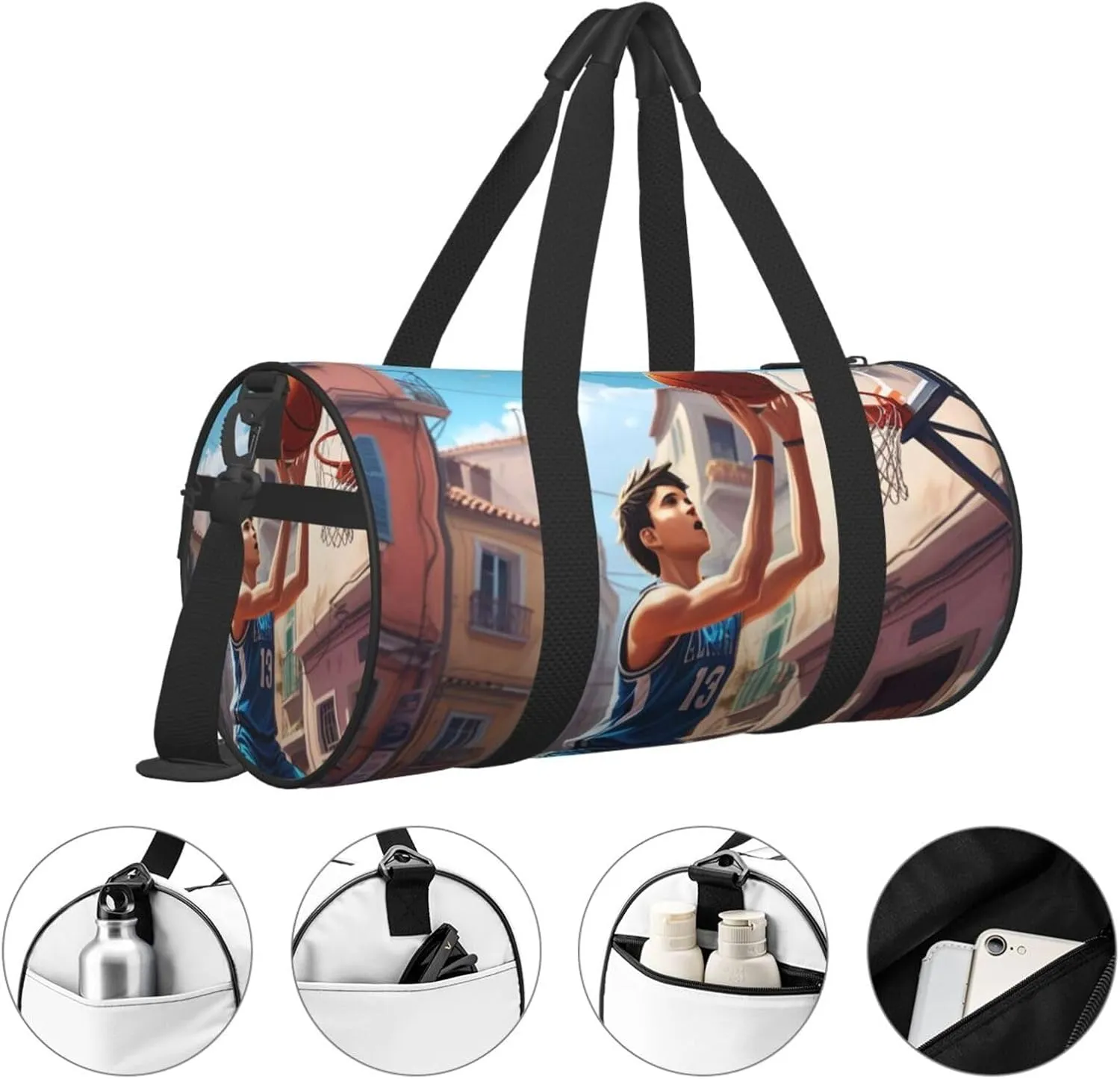 Basketball Sport Printed Travel Bag,Round Personal Item Storage bag,Foldie Duffel Bag for Traveling Vacation,Fitness,Sports