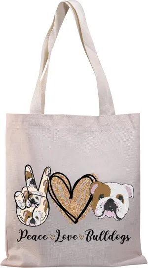 BDPWSS English Bulldog Tote Bag For Women Bulldog Mom Gift Bulldog Owner Gift Peace Love Bulldog Canvas Shoulder Bag