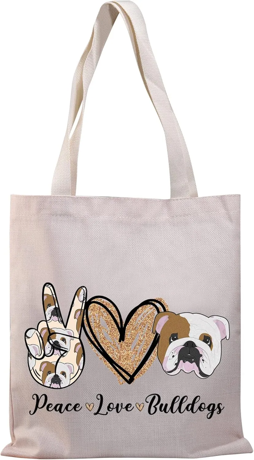 BDPWSS English Bulldog Tote Bag For Women Bulldog Mom Gift Bulldog Owner Gift Peace Love Bulldog Canvas Shoulder Bag