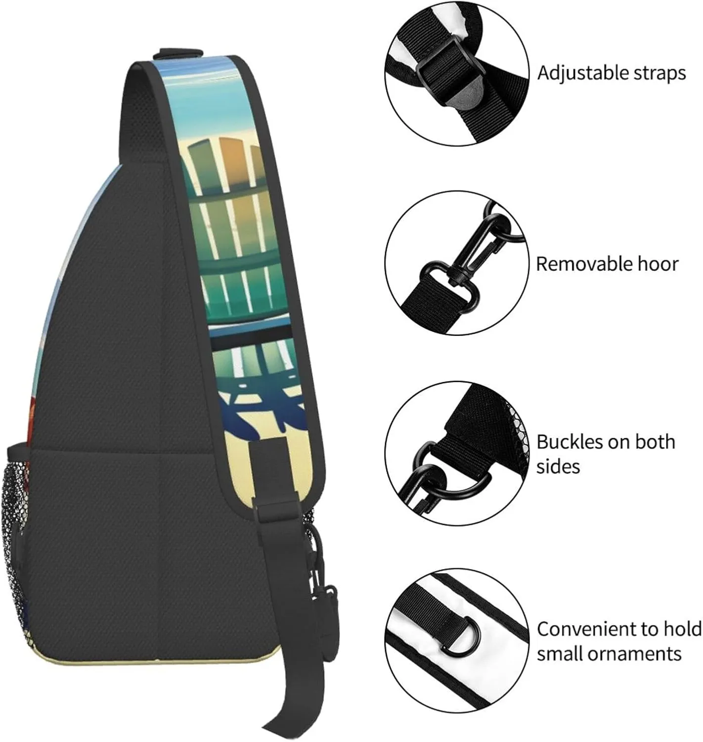 Beach Scene With Chairs Print Diagonally Sling Bag,Crossbody Sling Backpack Shoulder Chest Bag For Women Men,Hiking