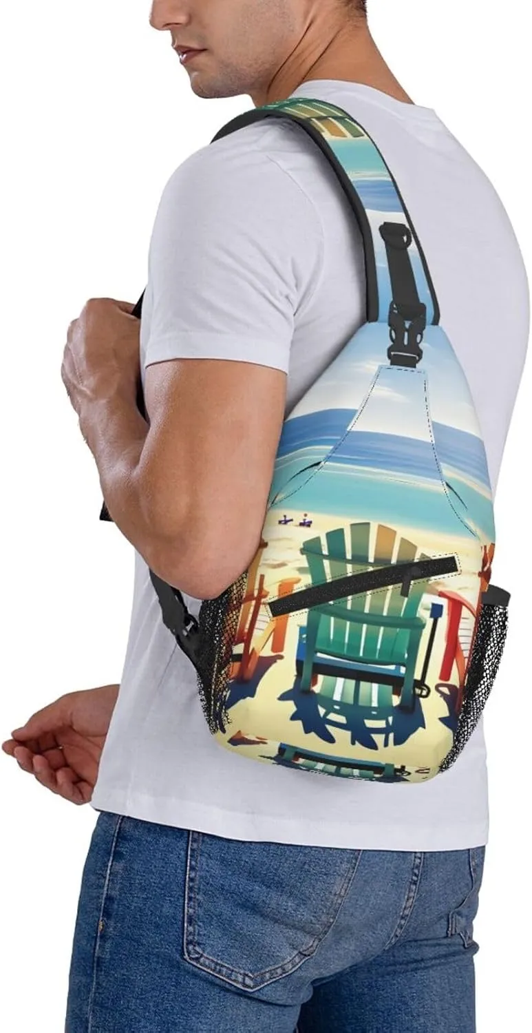 Beach Scene With Chairs Print Diagonally Sling Bag,Crossbody Sling Backpack Shoulder Chest Bag For Women Men,Hiking