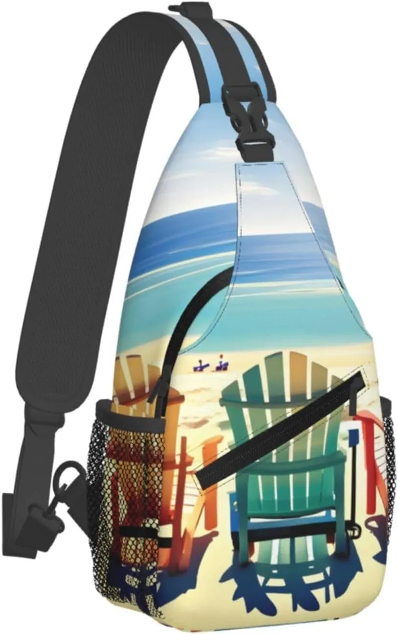 Beach Scene With Chairs Print Diagonally Sling Bag,Crossbody Sling Backpack Shoulder Chest Bag For Women Men,Hiking