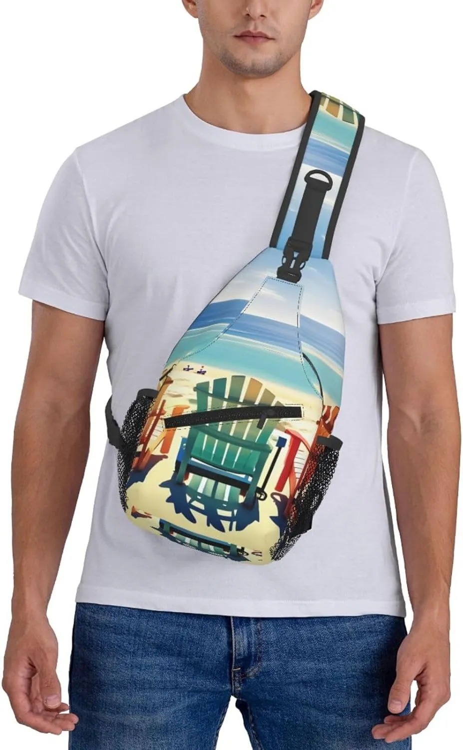 Beach Scene With Chairs Print Diagonally Sling Bag,Crossbody Sling Backpack Shoulder Chest Bag For Women Men,Hiking