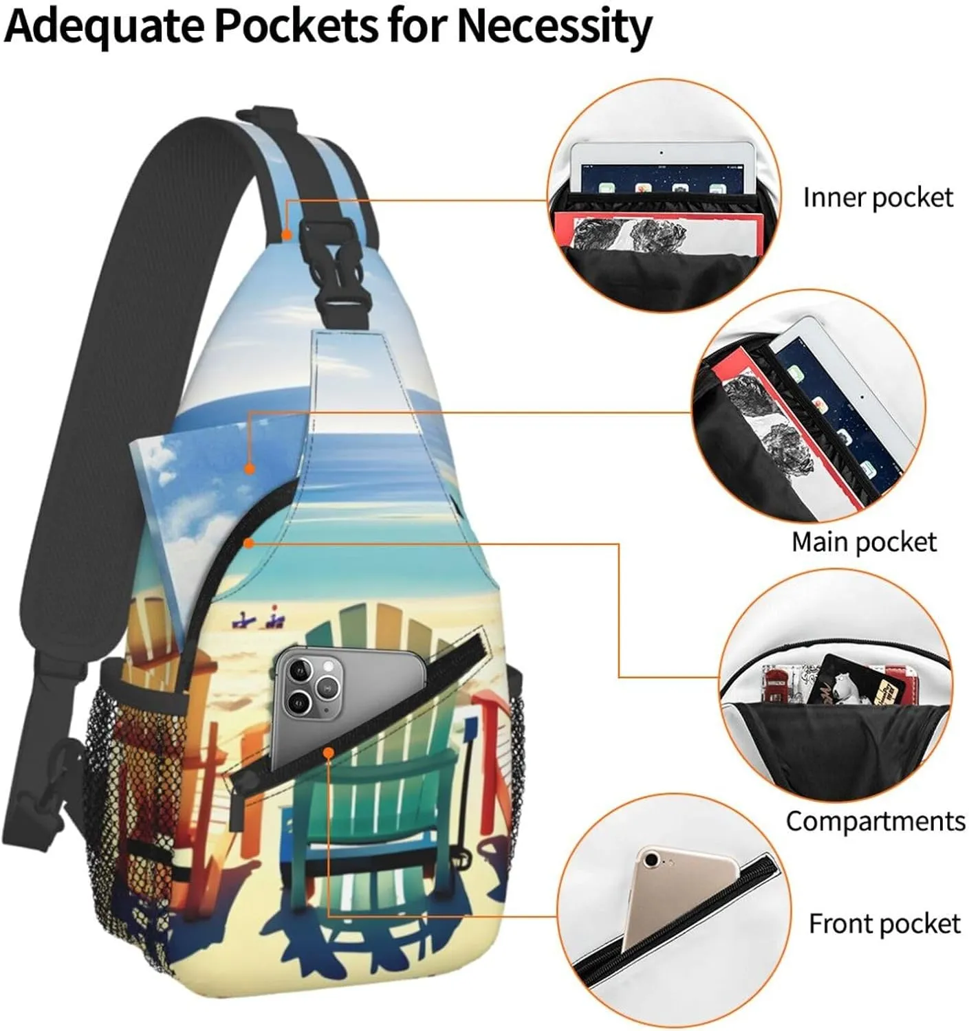 Beach Scene With Chairs Print Diagonally Sling Bag,Crossbody Sling Backpack Shoulder Chest Bag For Women Men,Hiking