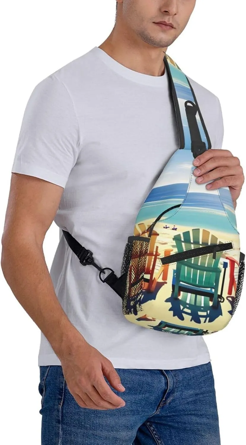Beach Scene With Chairs Print Diagonally Sling Bag,Crossbody Sling Backpack Shoulder Chest Bag For Women Men,Hiking