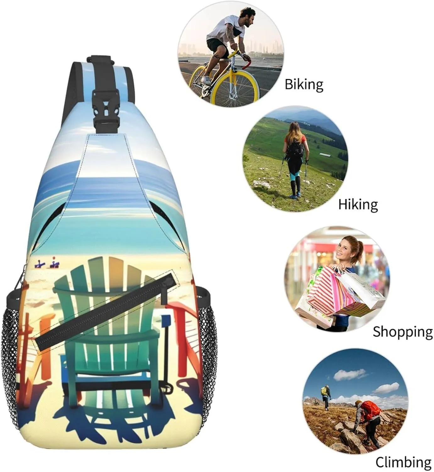Beach Scene With Chairs Print Diagonally Sling Bag,Crossbody Sling Backpack Shoulder Chest Bag For Women Men,Hiking