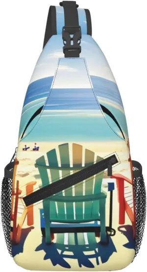 Beach Scene With Chairs Print Diagonally Sling Bag,Crossbody Sling Backpack Shoulder Chest Bag For Women Men,Hiking