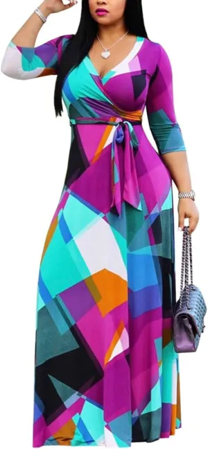 BFFBABY Women's Wrap V Neck Plus Size Maxi Dresses 3/4 Sleeves Chain Floral Printed Swing Dress with Belt
