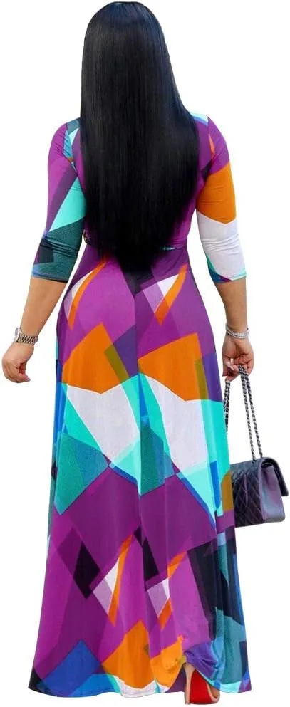 BFFBABY Women's Wrap V Neck Plus Size Maxi Dresses 3/4 Sleeves Chain Floral Printed Swing Dress with Belt