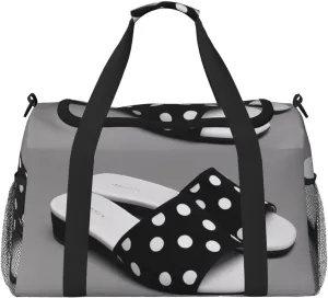 Black And White Polka Dot Print Travel Duffle Bag - Foldable Personal Item Travel Bag for Women & Men,Carry-On Convertible Crossbody Tote Bags with Adjustable Shoulder Strap & Pockets 13x10.2x19.7 in