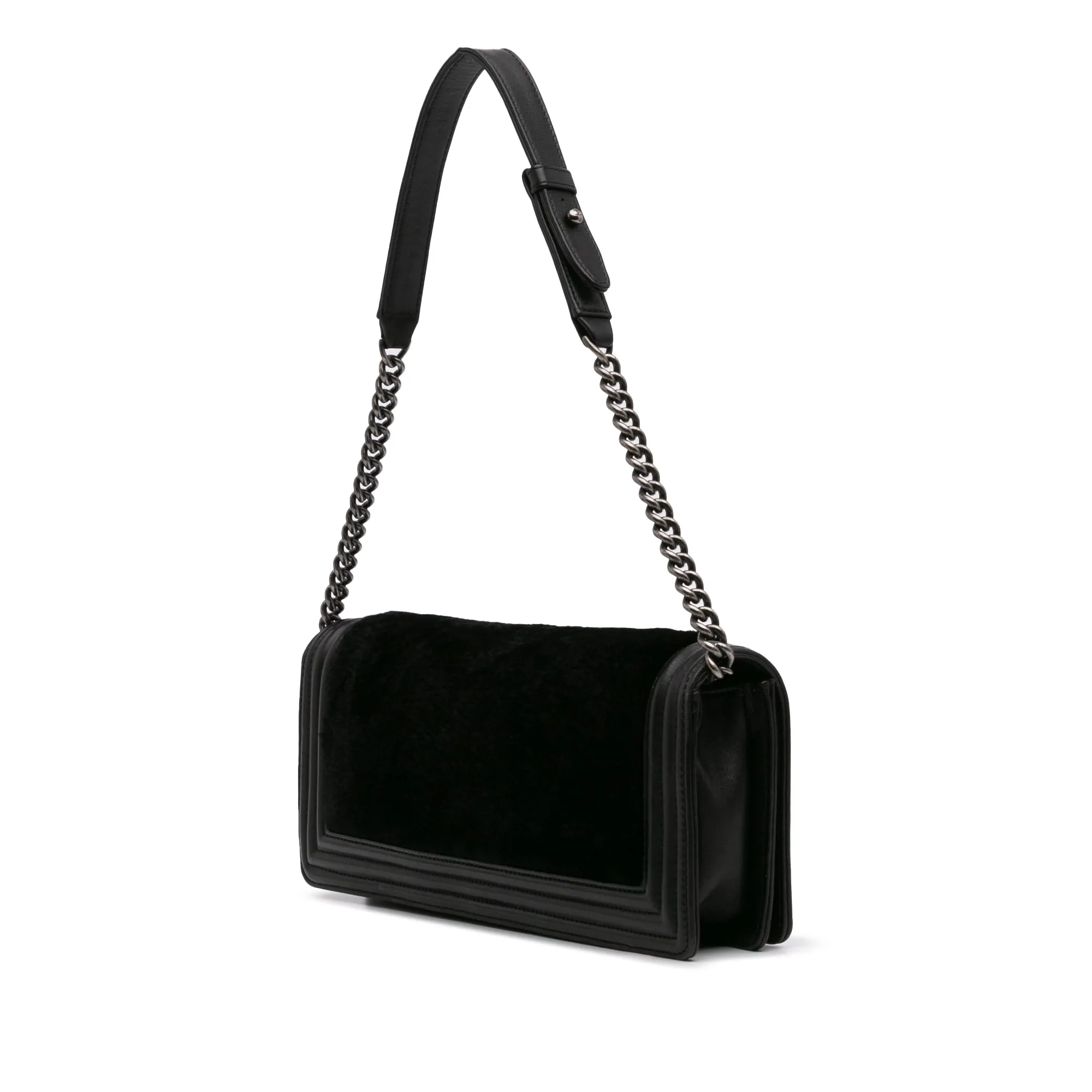 Black Chanel Shearling East West Boy Flap Shoulder Bag