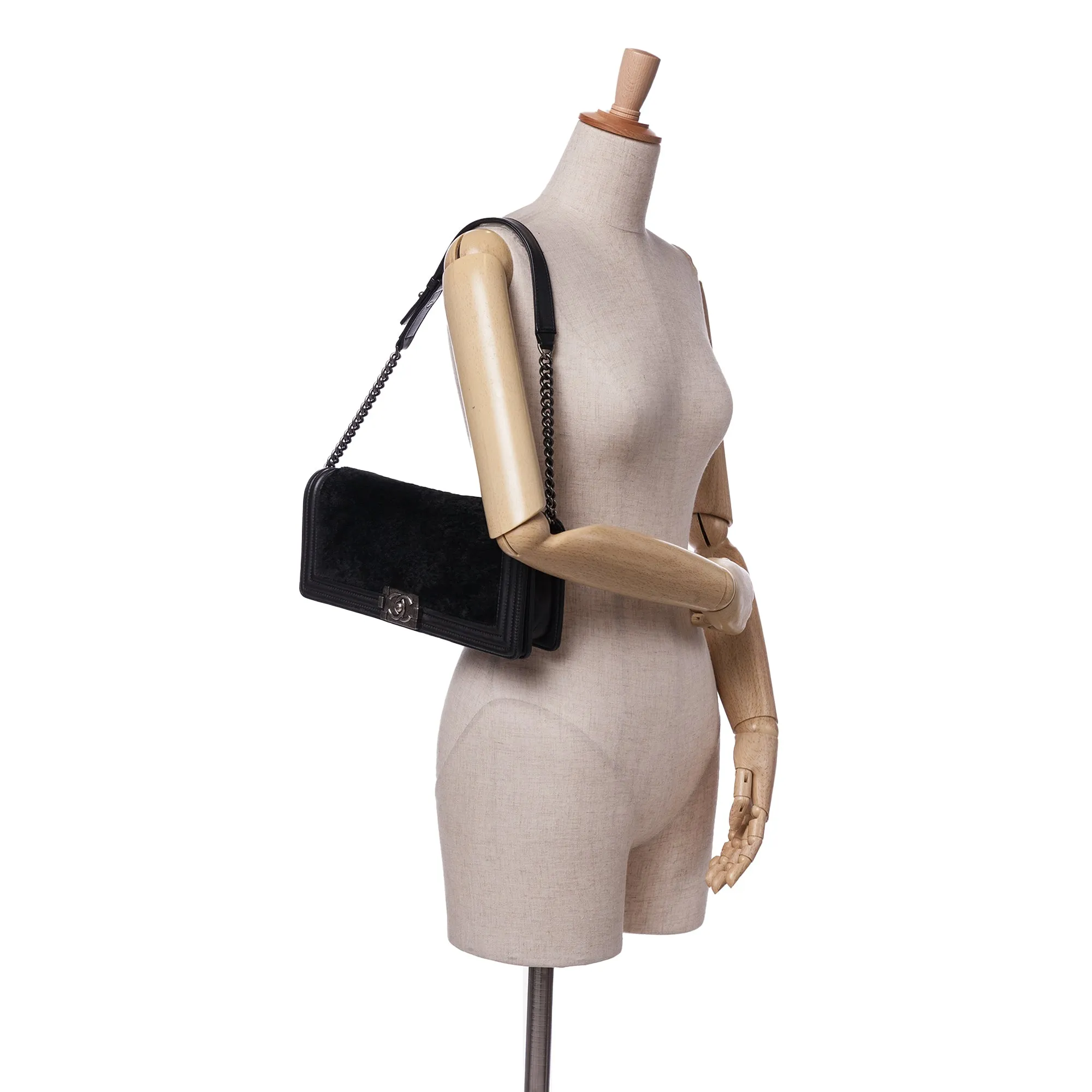 Black Chanel Shearling East West Boy Flap Shoulder Bag