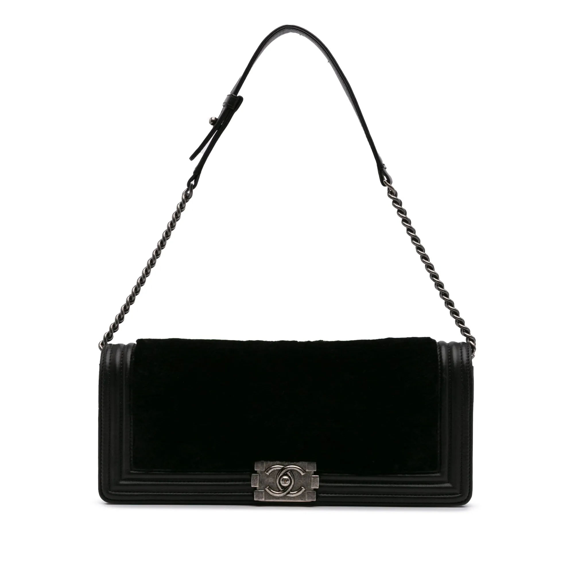 Black Chanel Shearling East West Boy Flap Shoulder Bag